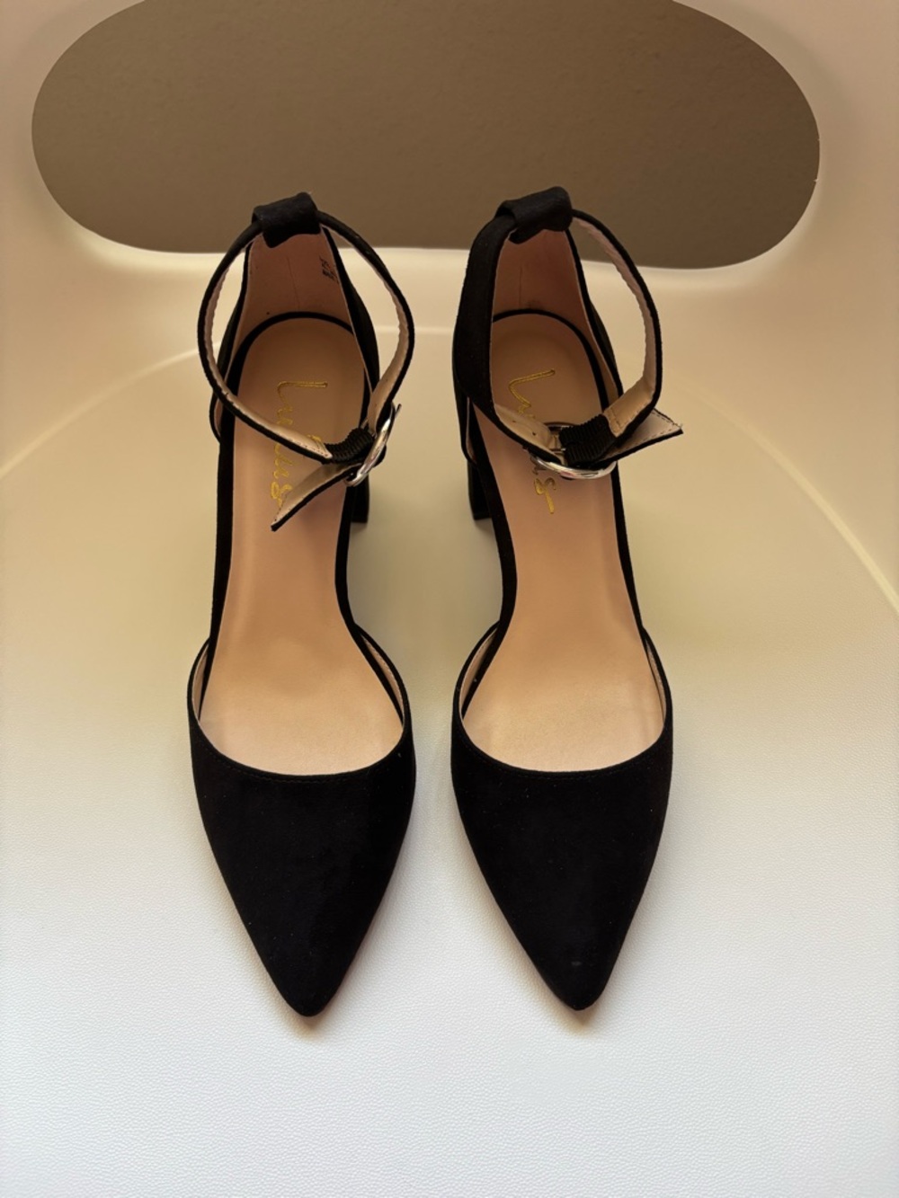Lulu's Black Pointed Toe Ankle-Strap Block Heel Pumps